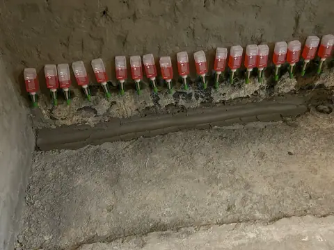 Nahaufnahme der Injektionskartuschen in den Bohrlöchern am Fuß einer feuchten Kellerwand.