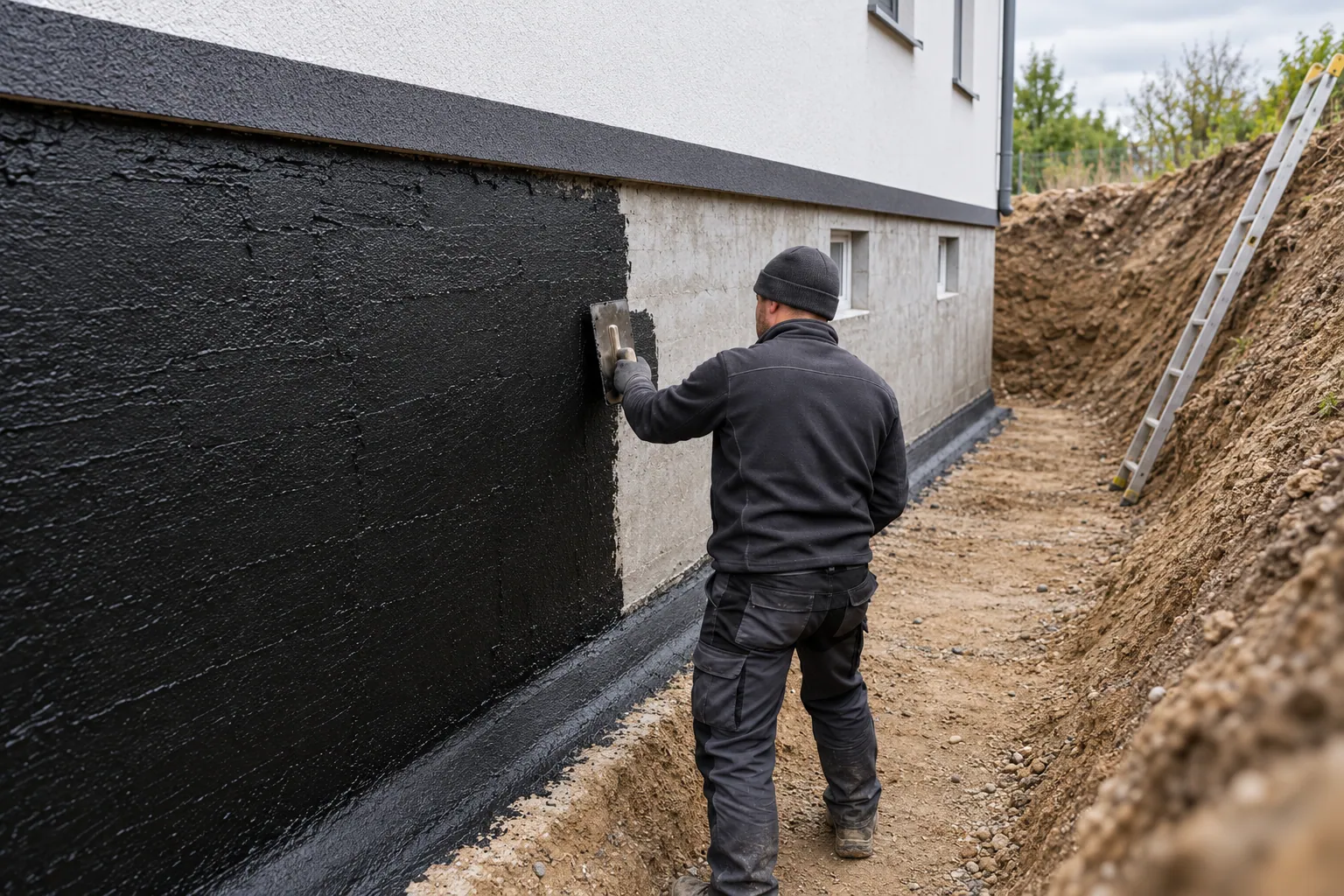 Handwerker trägt in einem breiten, abgeböschten Arbeitsraum mit der Glättkelle eine schwarze Beschichtung auf die freigelegte Kelleraußenwand auf, am Wandfuß eine Hohlkehle.