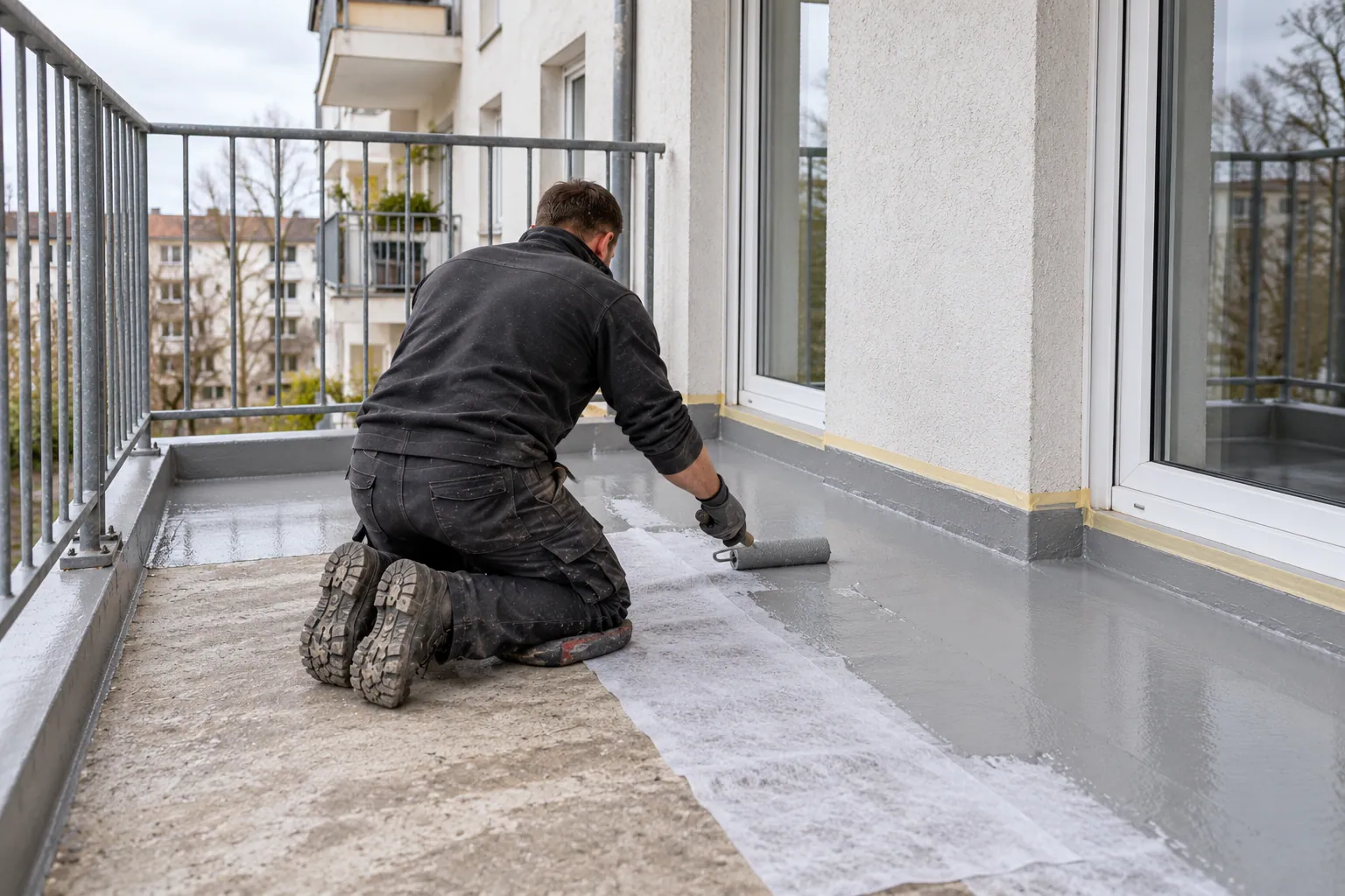 Handwerker kniet auf einem Balkon und rollt eine graue Flüssigabdichtung mit eingelegtem Vlies auf, die Anschlüsse an Wand und Tür sind abgeklebt.
