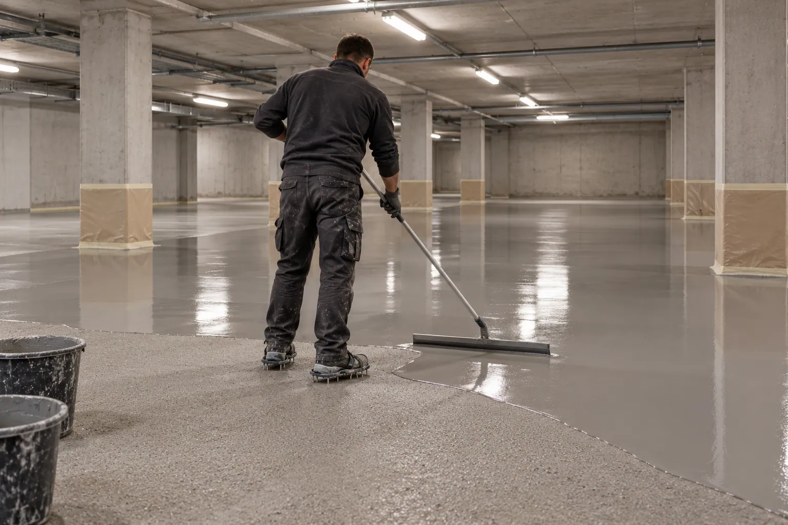 Handwerker verteilt in einer leeren Tiefgarage mit einer Rakel eine graue Beschichtung auf dem Betonboden, die Stützen sind am Fuß abgeklebt.