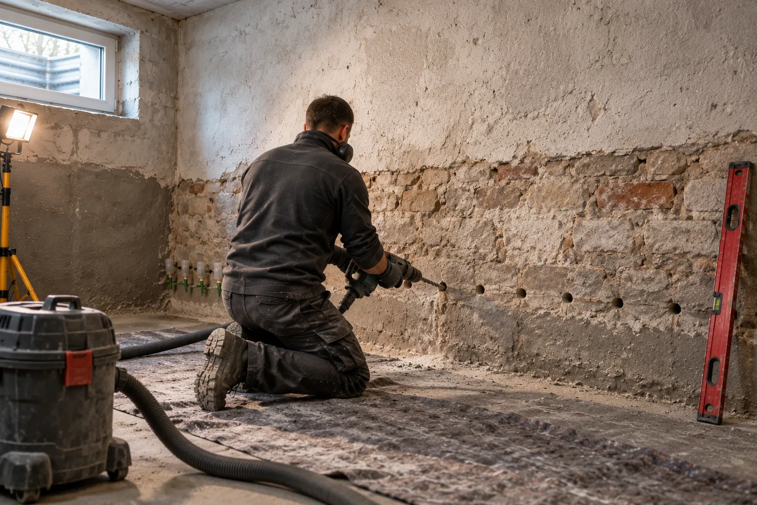 Handwerker kniet vor einer freigelegten Kellerwand und bohrt mit einem Bohrhammer mit Absaugung eine Reihe von Löchern am Wandfuß, daneben ein Bausauger und eine Wasserwaage.