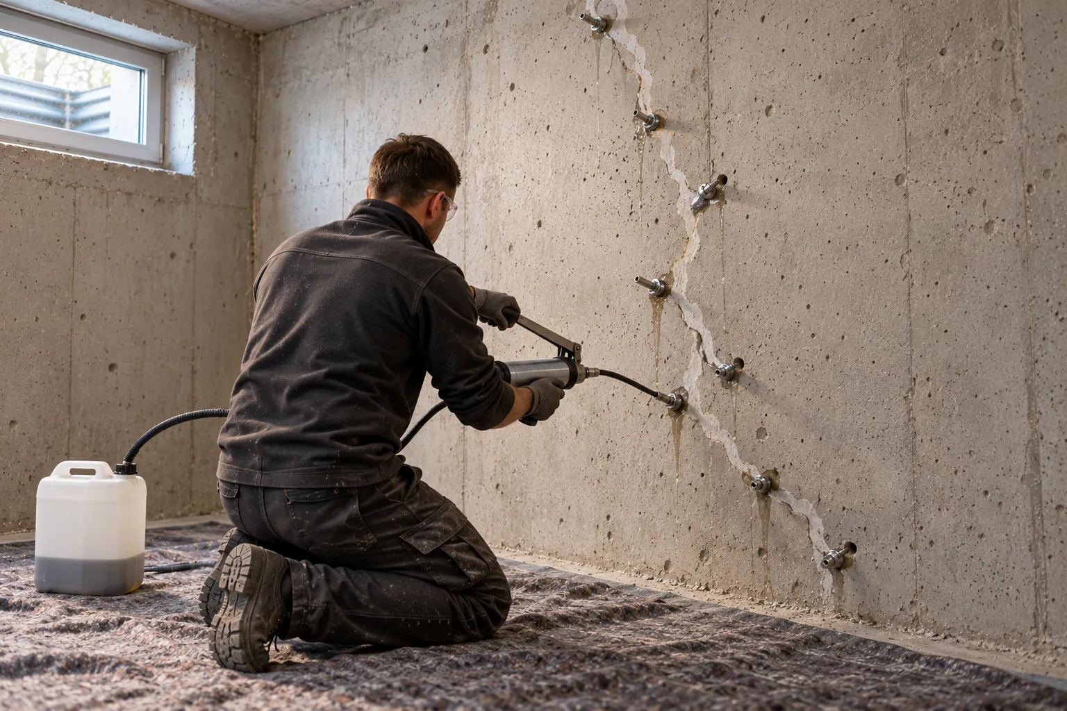 Handwerker kniet vor einer Betonwand und presst mit einer Handpresse Harz in einen schrägen, hell verdämmten Riss, entlang des Risses sitzen Packer.