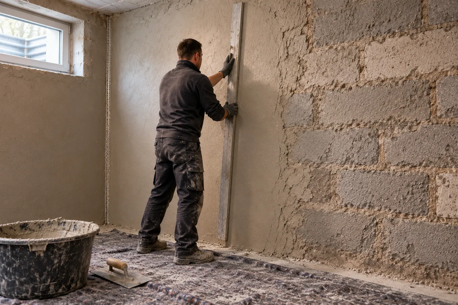 Handwerker hält eine lange Richtlatte senkrecht an eine frisch verputzte Kellerwand, rechts ist das Mauerwerk noch mit Spritzbewurf vorbereitet, davor ein Mörtelkübel.