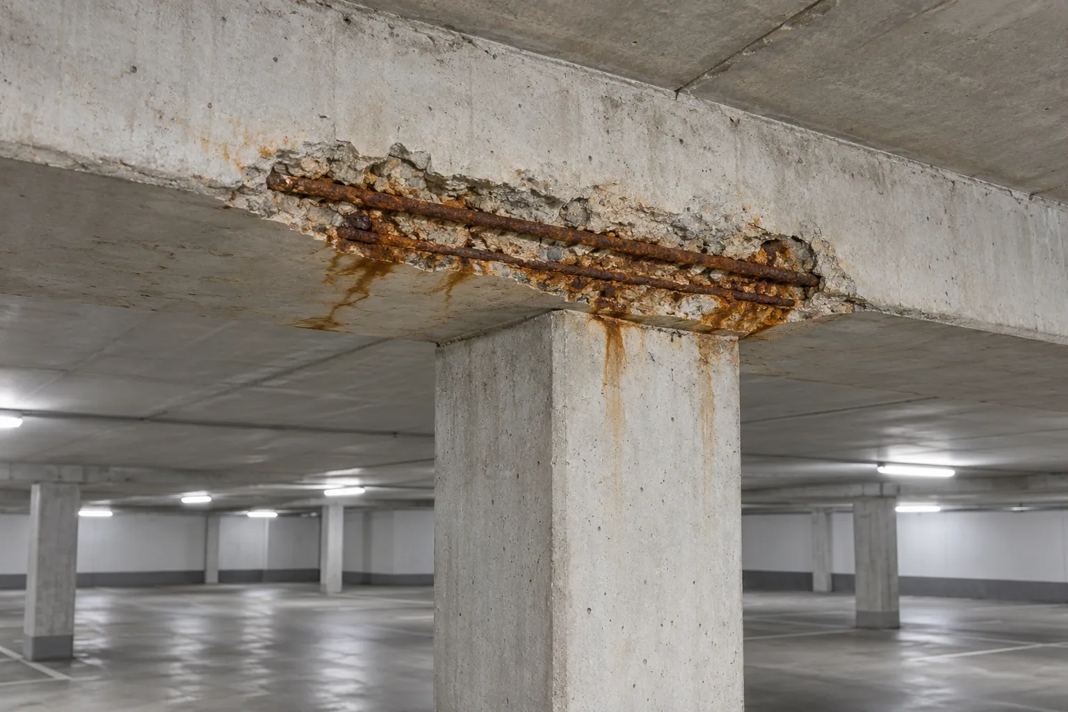 Deckenträger in einer Tiefgarage mit abgeplatztem Beton und freiliegenden, rostigen Bewehrungsstäben, darunter Rostfahnen auf dem Beton.