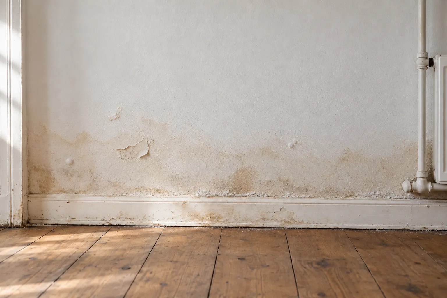Hell gestrichene Innenwand mit einem schmalen Streifen feiner Feuchteflecken über der Fußleiste, die Farbe beginnt an wenigen Stellen abzuheben.