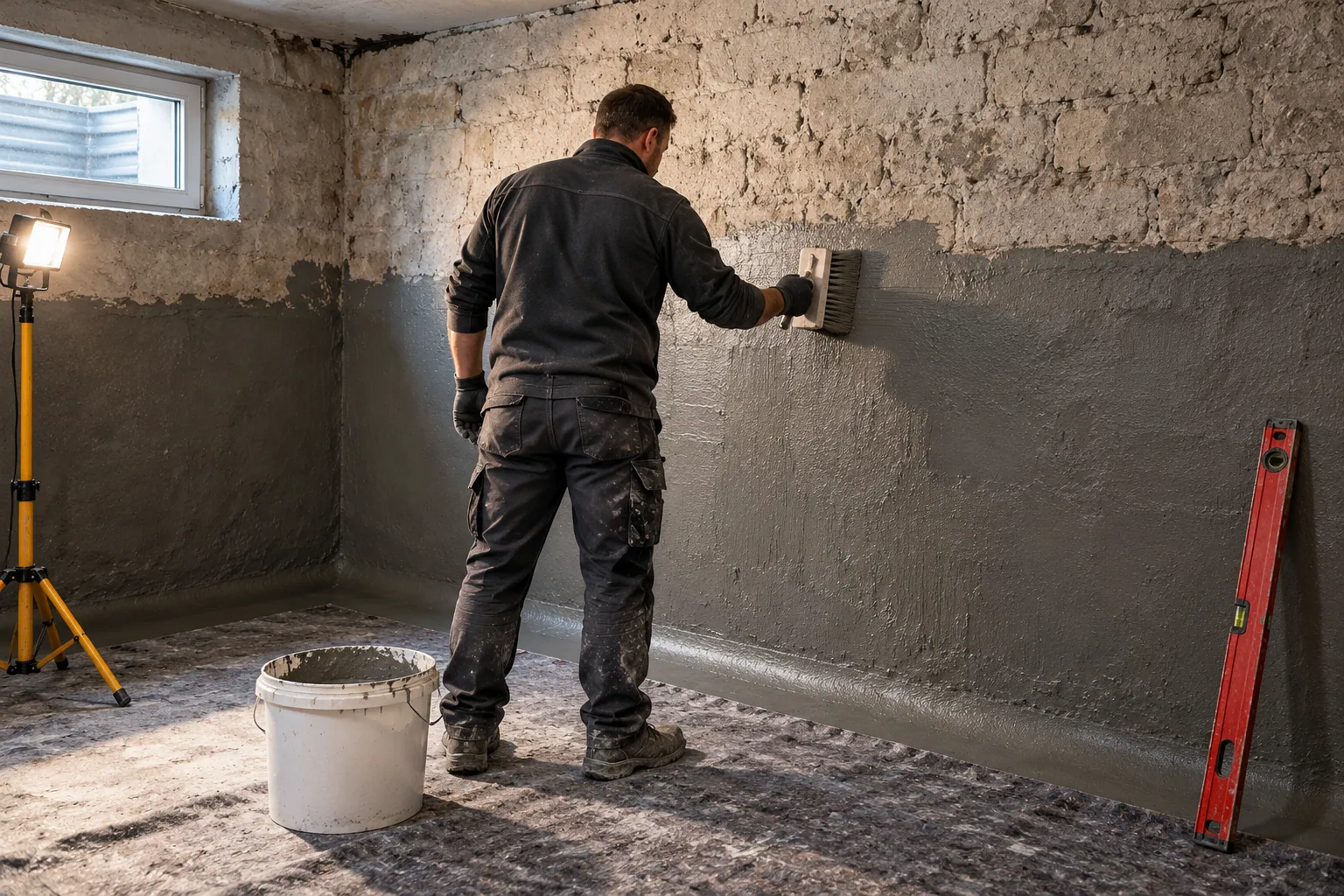 Handwerker trägt mit der Kelle Dichtschlämme auf eine Kellerwand auf