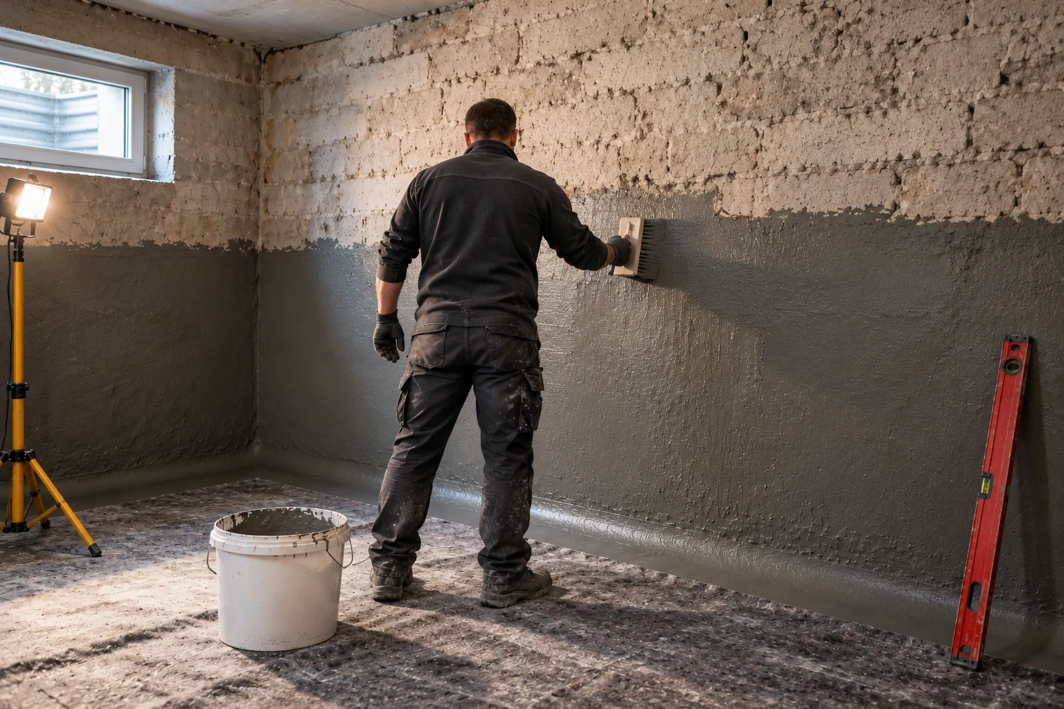 Handwerker mit dem Rücken zur Kamera trägt mit einem breiten Quast graue Dichtschlämme auf eine freigelegte Kellerwand auf.