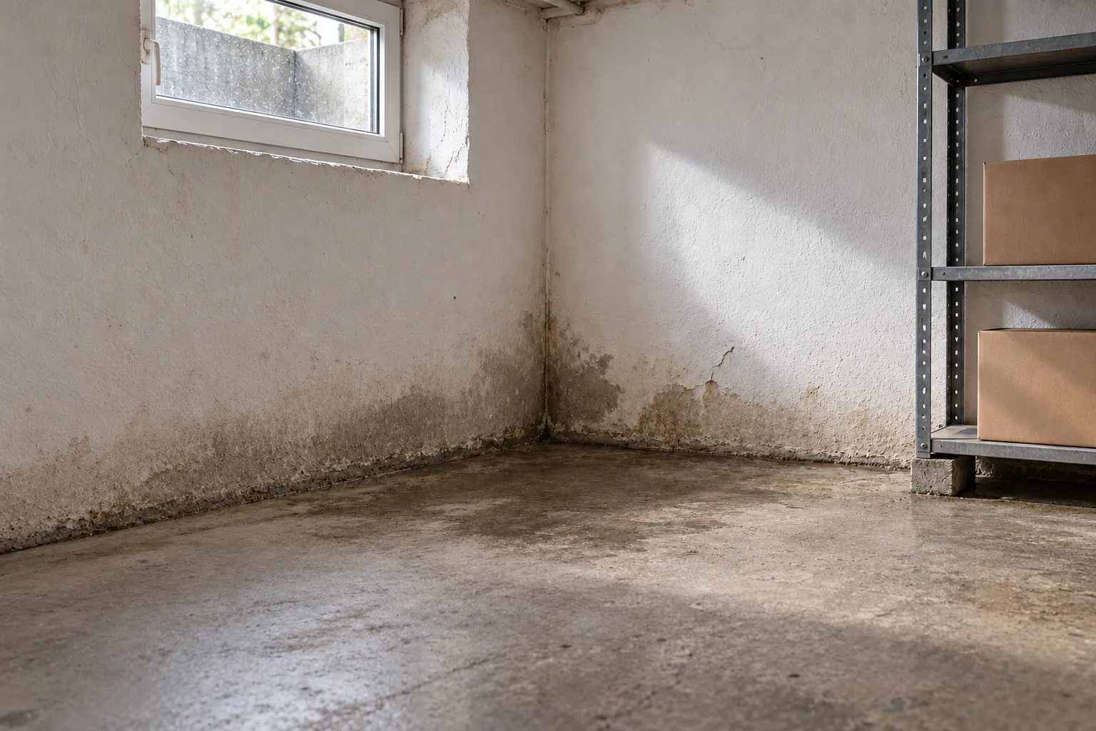 Derselbe Kellerraum unter einem kleinen Kellerfenster, kein Wasser am Boden, am Wandfuß ein erster dunkler Feuchtefleck und leicht angehobene Farbe.