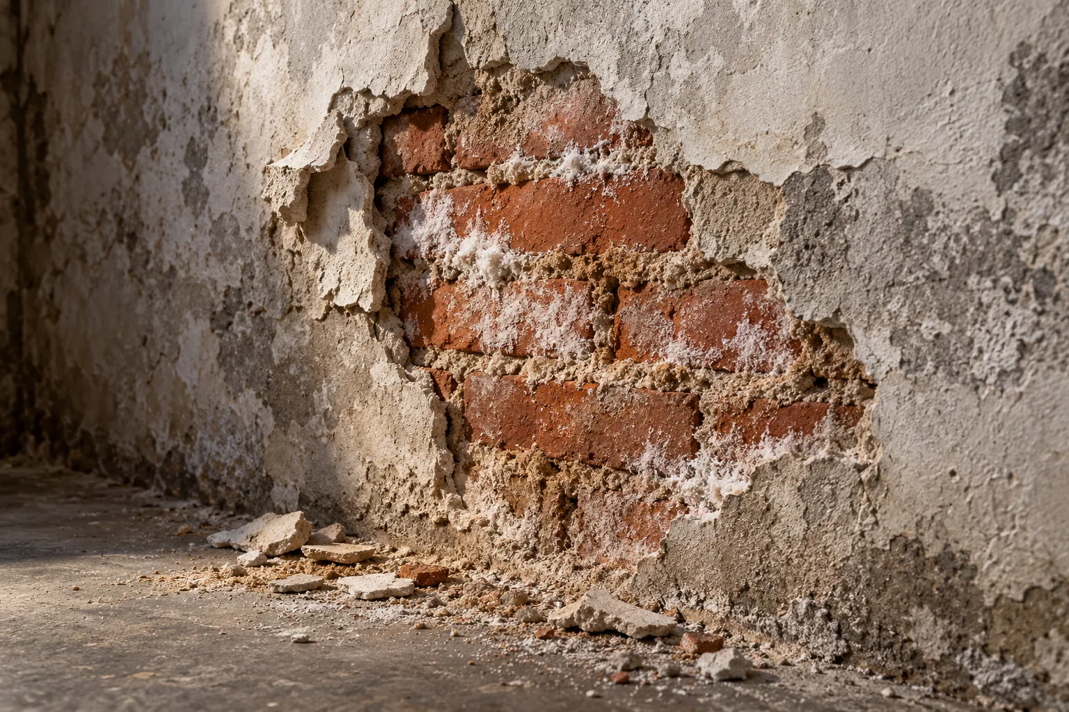 Abgeplatzter Putz an einer feuchten Kellerwand, darunter liegt rotes Ziegelmauerwerk mit sandenden Fugen frei, auf den Bruchkanten weiße Salzausblühungen.