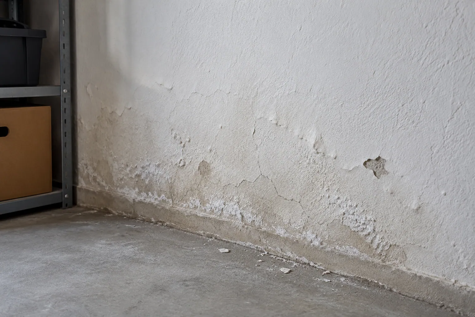 Verputzte Kellerwand mit einer handgroßen Stelle, an der der Putz hohl liegt und die Farbe Blasen wirft, noch kein Mauerwerk sichtbar.