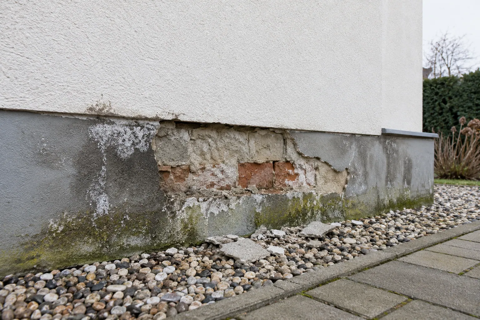 Sockel eines Wohnhauses mit abgeplatztem Putz, darunter liegt das Mauerwerk frei, auf dem Putz dunkle Feuchteflecken, Ausblühungen und grüne Algen, Putzbrocken im Kiesstreifen.