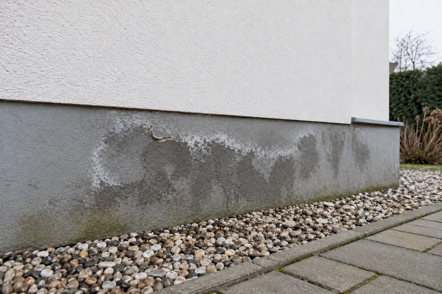 Sockel eines Wohnhauses mit ersten dunklen Feuchteflecken und feinen Rissen im Putz, der Putz ist noch geschlossen, am Kiesstreifen leichte Verfärbung.