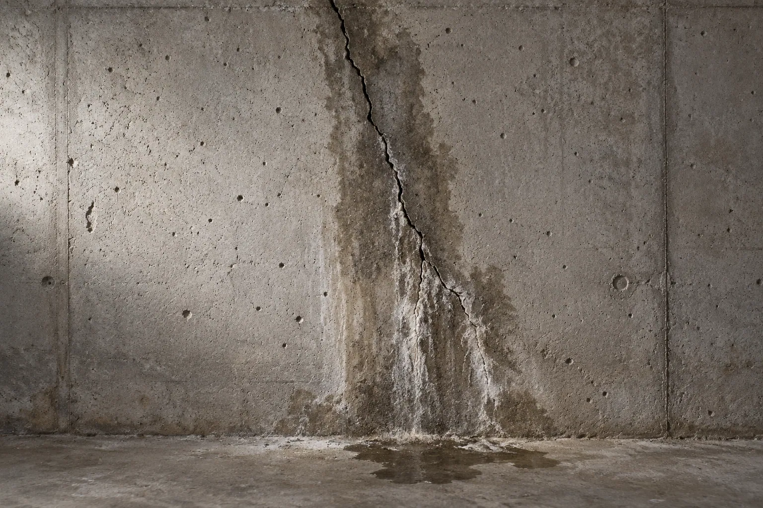 Schräger Riss in einer Betonwand mit dunklem Feuchtestreifen und hellen Kalkspuren, die bis zum Boden ablaufen.