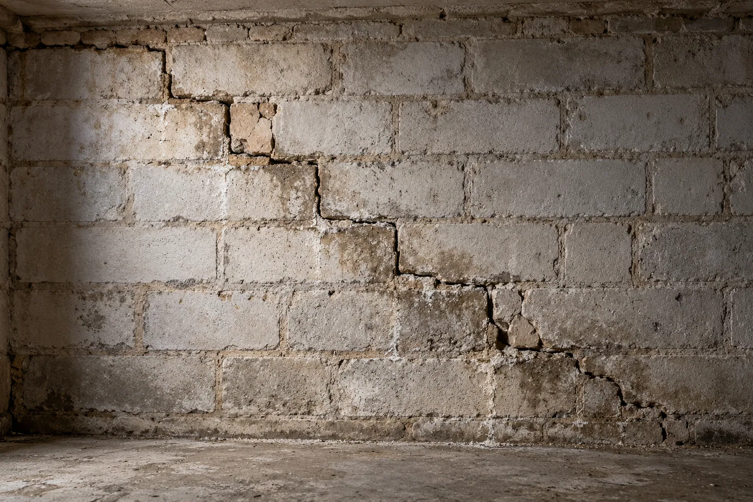 Treppenförmiger Riss entlang der Mörtelfugen einer unverputzten gemauerten Kellerwand, die Fugen am Riss sind dunkel und feucht.