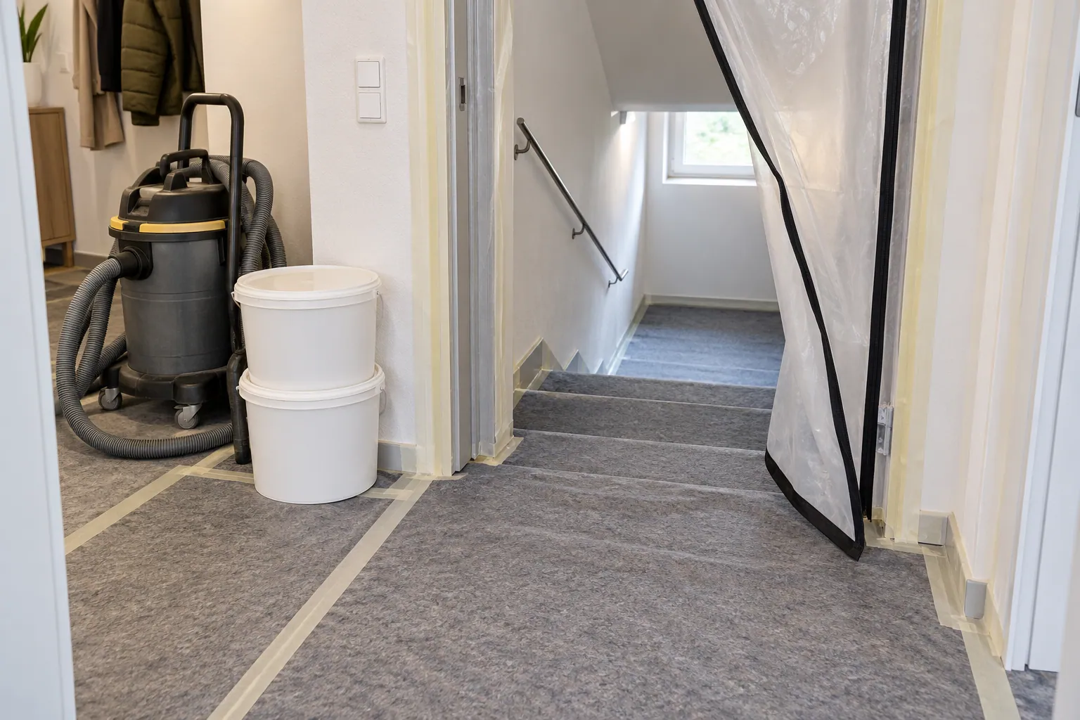 Flur vor einer Kellertreppe während der Arbeiten: Boden und Stufen mit Schutzvlies abgedeckt und abgeklebt, eine Staubschutztür aus Folie am Kellerabgang, daneben ein Bausauger und zwei Eimer.