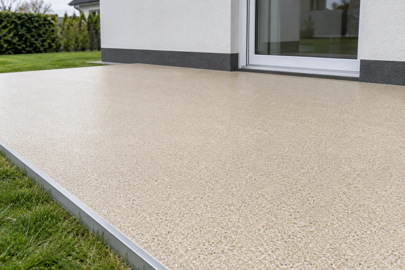 Verlegter Steinteppich aus feinen Natursteinkörnern auf einer Terrasse, am Rand eine schmale Aluminiumschiene und die Hauswand.