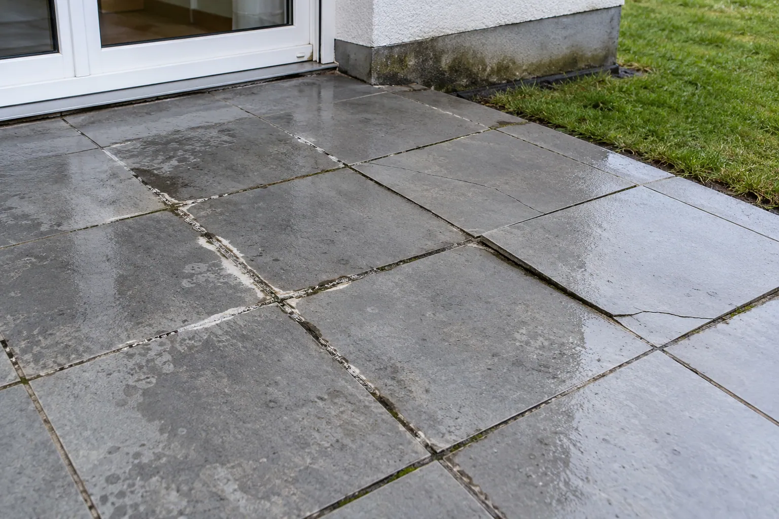 Terrasse aus grauen Platten an einem Wohnhaus, nass, mit offenen Fugen, Kalkrändern, einer gerissenen Platte und einem feuchten, grün verfärbten Sockel an der Hauswand.
